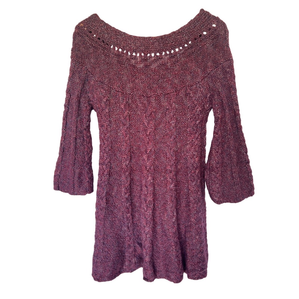 Free People Purple Cable Knit Wool Blend Boho Fairy Bell Sleeve Tunic Sweater XS